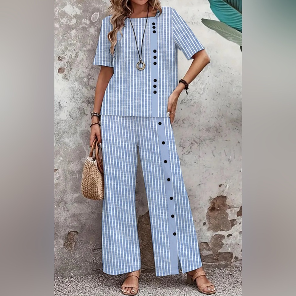 Chic Striped Round Neck Two Piece Set